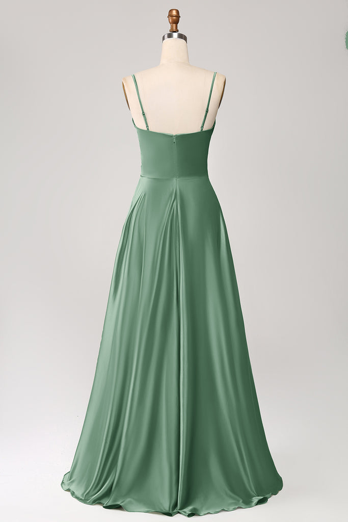 Pleated V-neck 3/4 Sleeves Chiffon Long Dress Dusty Sage