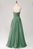 Dusty Sage A Line Cowl Neck Satin Long Prom Dress with Pleated