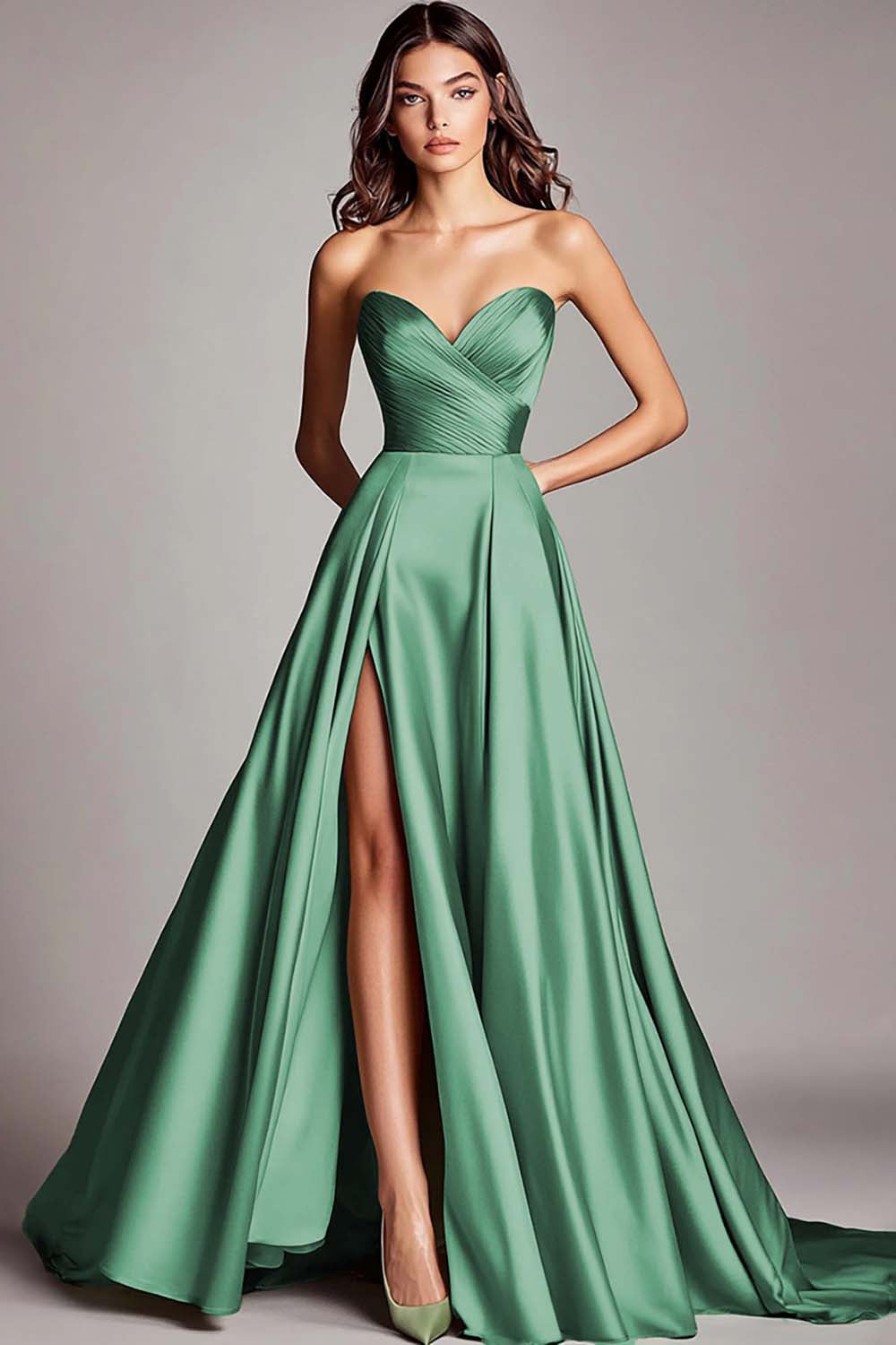 Dusty Blue Satin A Line Strapless Ruched Long Prom Dress with Slit
