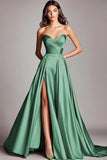 Dusty Blue Satin A Line Strapless Ruched Long Prom Dress with Slit