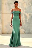 Dusty Sage Mermaid Off Shoulder Chiffon Long Formal Dress