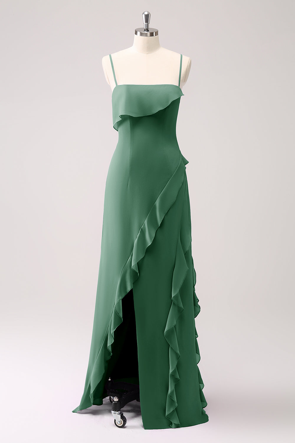 Tahiti Spaghetti Straps Chiffon Ruffled Long Bridesmaid Dress with Slit