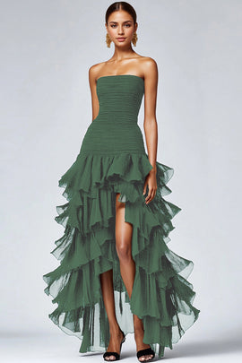Zapaka Women Eucalyptus Formal  Wedding Guest Dreass With Slit Strapless Tulle Tiered Ruffles Prom Dress 