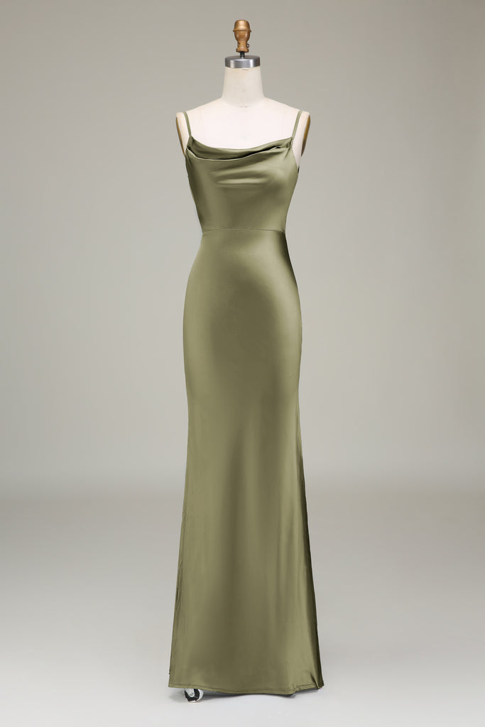 Dusty Blue Sheath Spaghetti Straps Backless Satin Long Bridesmaid Dress