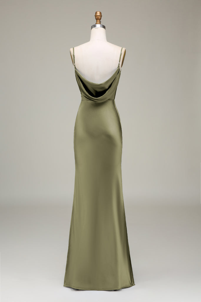 A-Line Spaghetti Straps Dusty Blue Satin Long Bridesmaid Dress main image 1