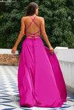 Fuchsia Backless Satin Prom Dress