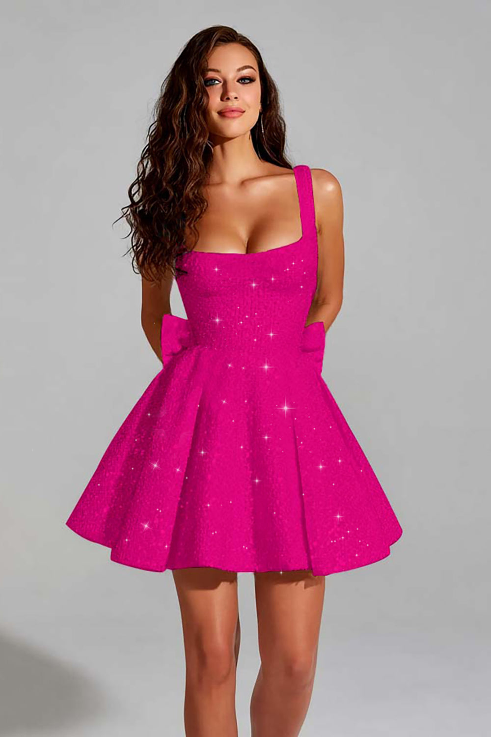 Sparkly Ivory Sequin Scoop A Line Short Homecoming Dress with Bow