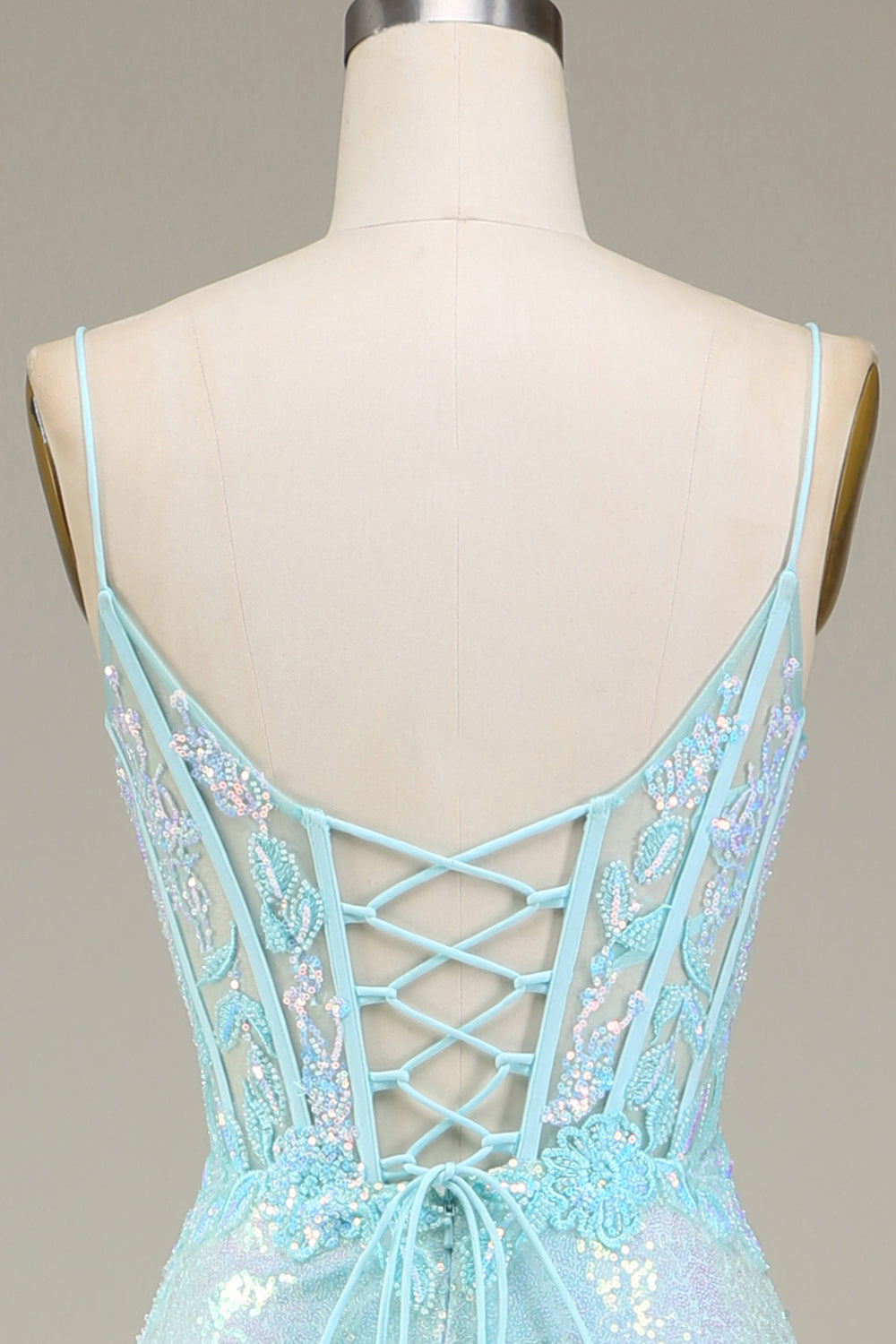 Sparkly Mermaid Spaghetti Straps Light Blue Prom Dress with Slit