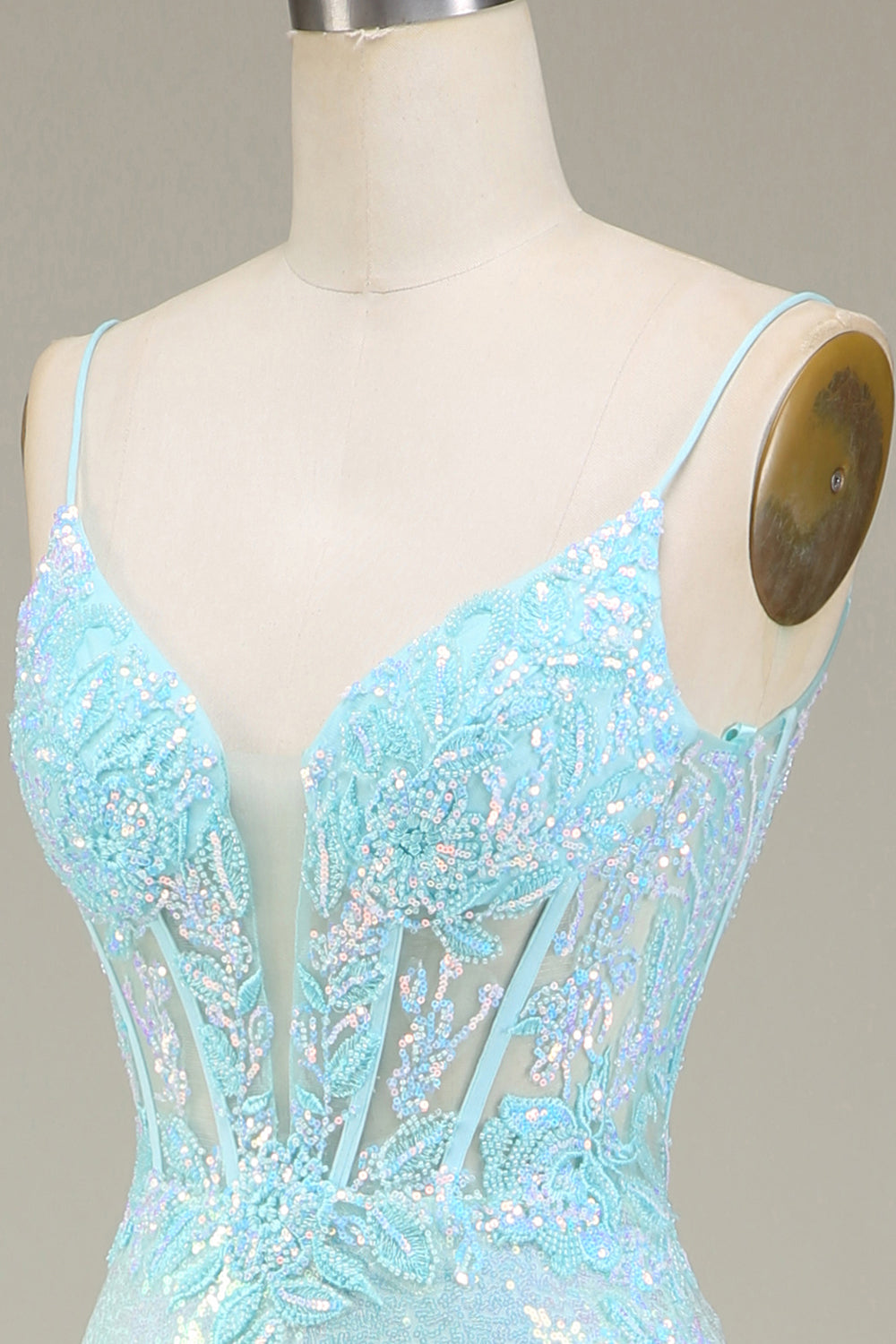Sparkly Mermaid Spaghetti Straps Light Blue Prom Dress with Slit
