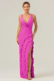 Lime Deep V Neck Ruffles Long Bridesmaid Dress with Slit