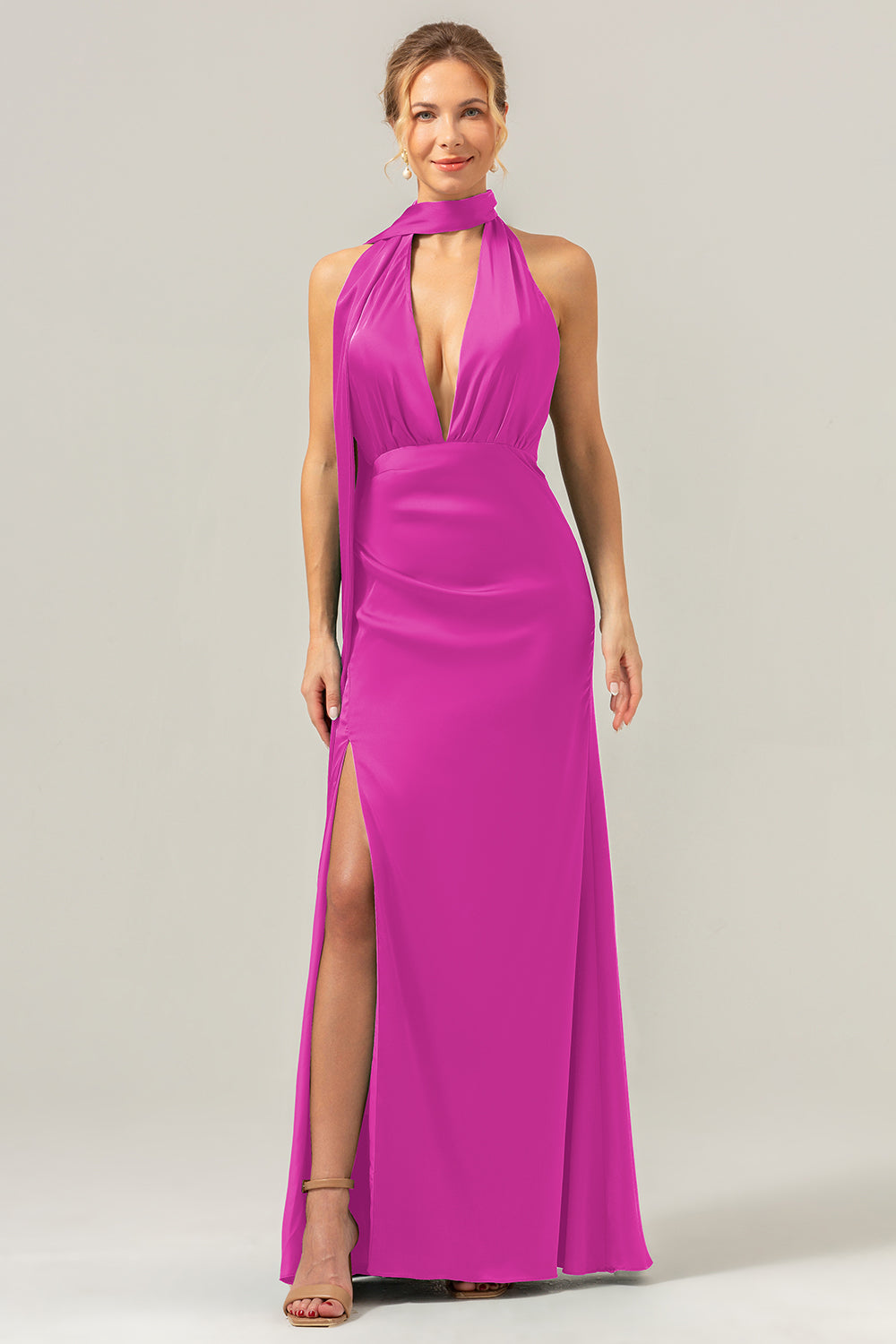 Zapaka Women Peacock Bridesmaid Dress with Slit Sheath V-Neck Backless Long Wedding Guest Dress, Fuchsia / US12