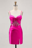 Royal Blue Satin Tight Ruched Corset Short Homecoming Dress with Slit