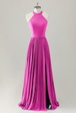 Dark Green A-Line Halter Long Bridesmaid Dress with Slit