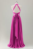 Dark Green A-Line Halter Long Bridesmaid Dress with Slit
