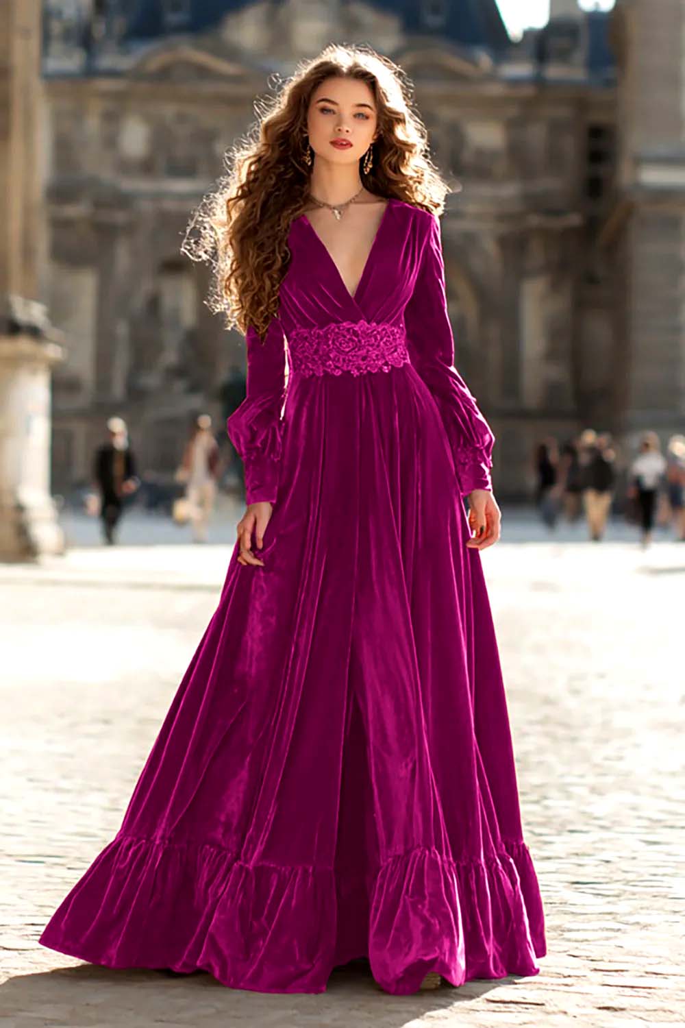 Zapakasa Women Brown Velvet Long Formal Dress with Sleeves A Line V-Neck Ruched Evening Dress with Ruffles Zapakasa Women Brown Velvet Long Formal Dress with Sleeves A Line V-Neck Ruched Evening Dress with Ruffles