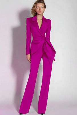 Dark Purple Notched Lapel Ruched Fitted Prom Jumpsuits