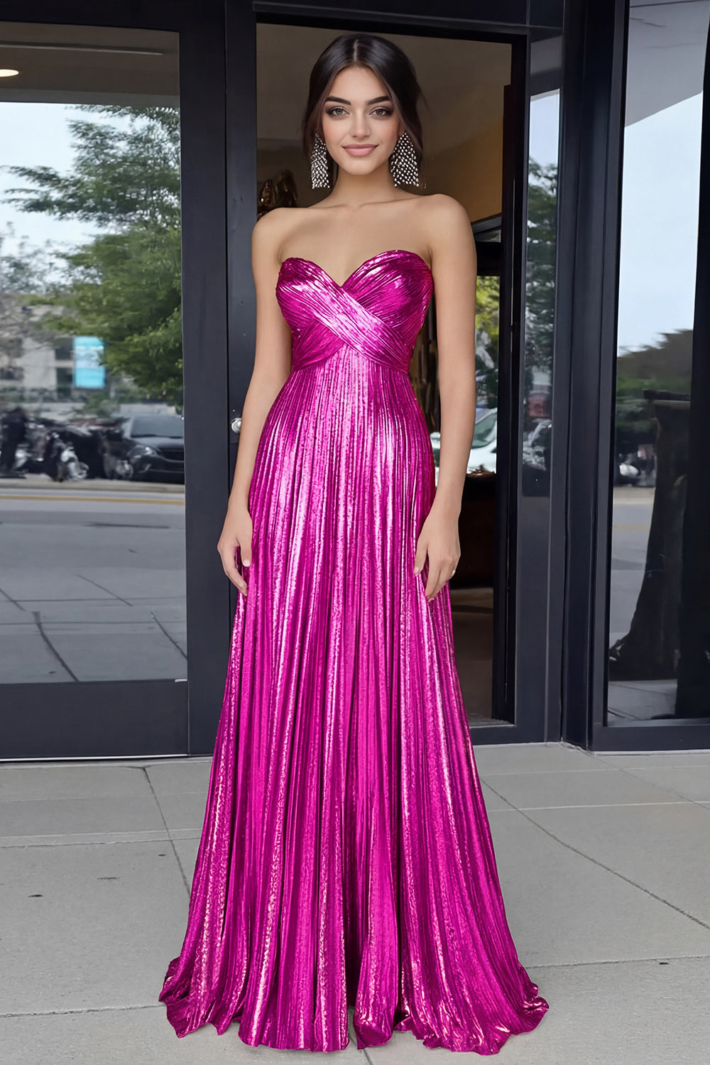 Gold Sweetheart Metallic A-Line Pleated Long Prom Dress