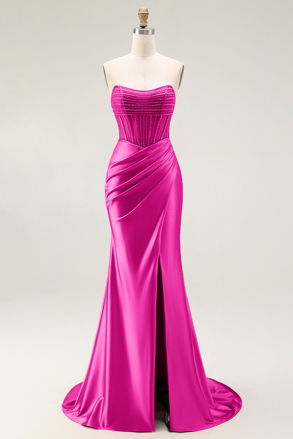 Sparkly Blush Mermaid Strapless Satin Long Prom Dress with Slit