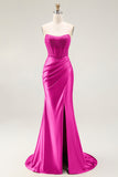 Sparkly Blush Mermaid Strapless Satin Long Prom Dress with Slit