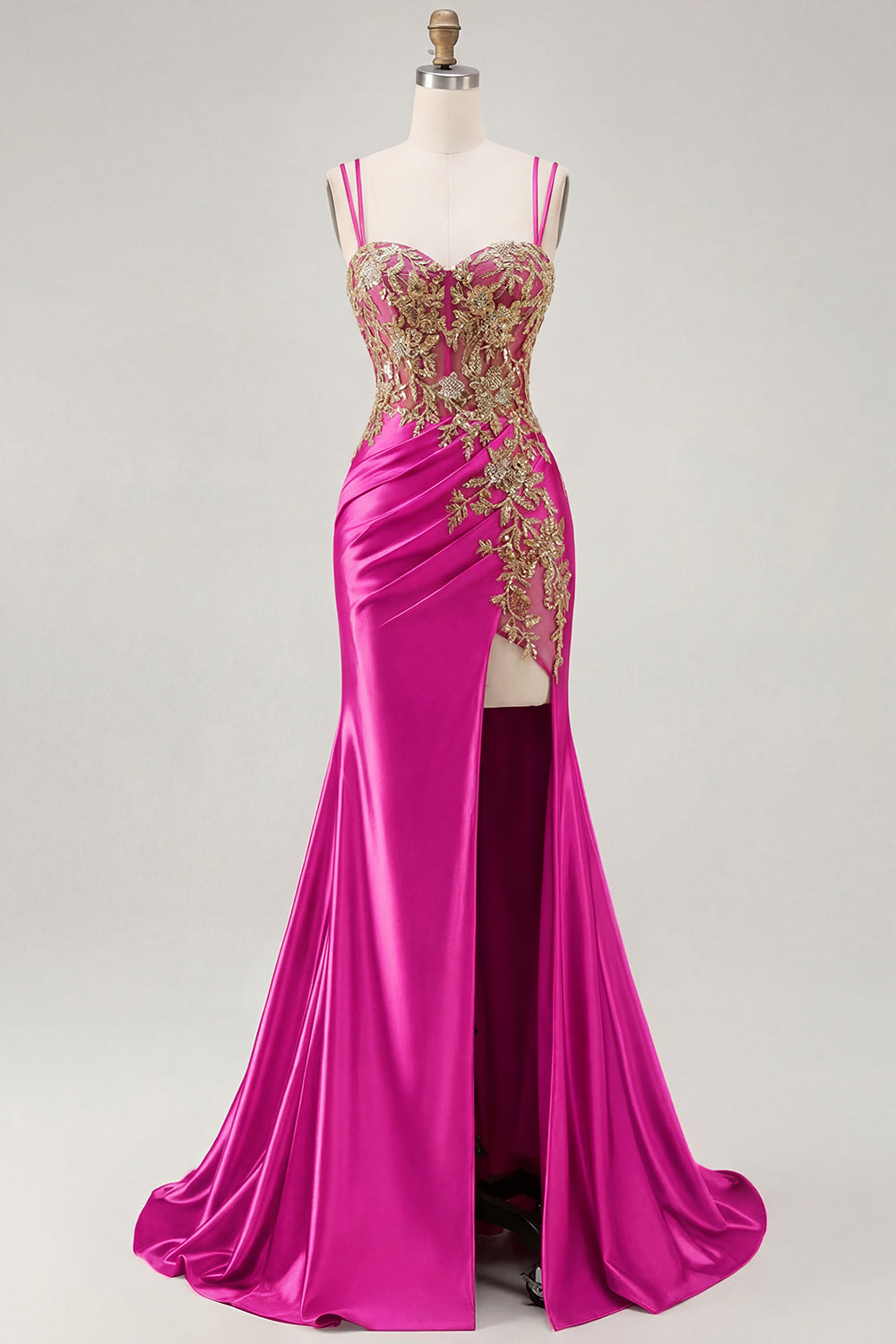 Sparkly Black Beaded Floral Satin Appliqued Long Corset Prom Dress with Slit