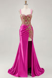 Sparkly Black Beaded Floral Satin Appliqued Long Corset Prom Dress with Slit