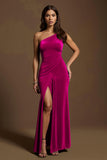 Dark Green Mermaid Velvet One Shoulder Long Holiday Party Dress with Slit