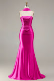 Sparkly Champagne Mermaid Neck Scarf Long Prom Dress with Beading