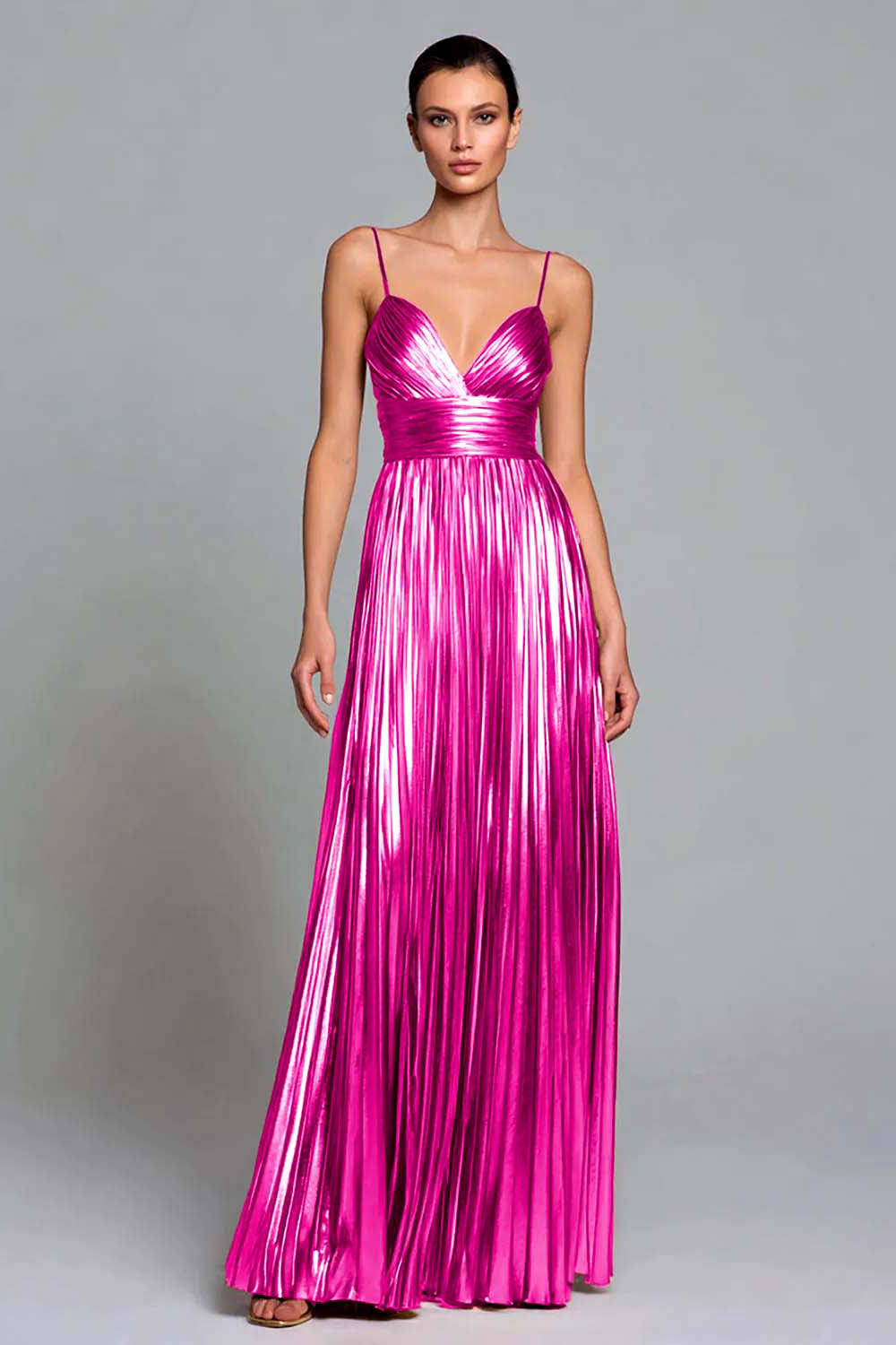 Sparkly Gold A-Line Metallic Pleated Spaghetti Straps Long Formal Dress