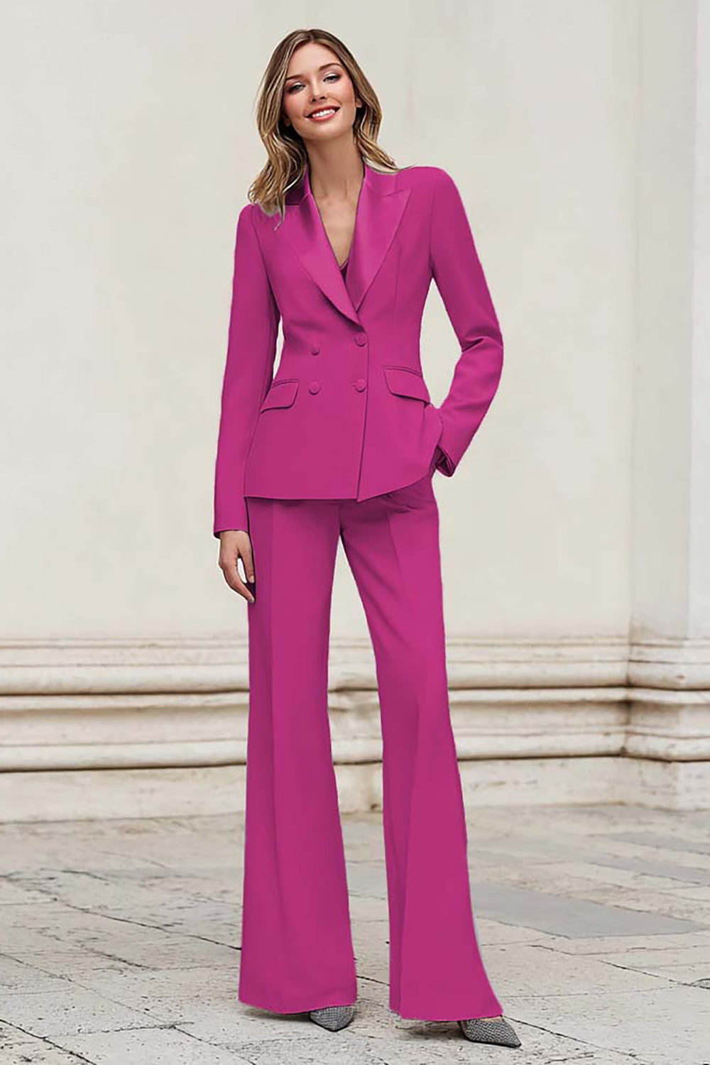 Silver Notched Lapel Double Breasted 2 Piece Women Prom Suits