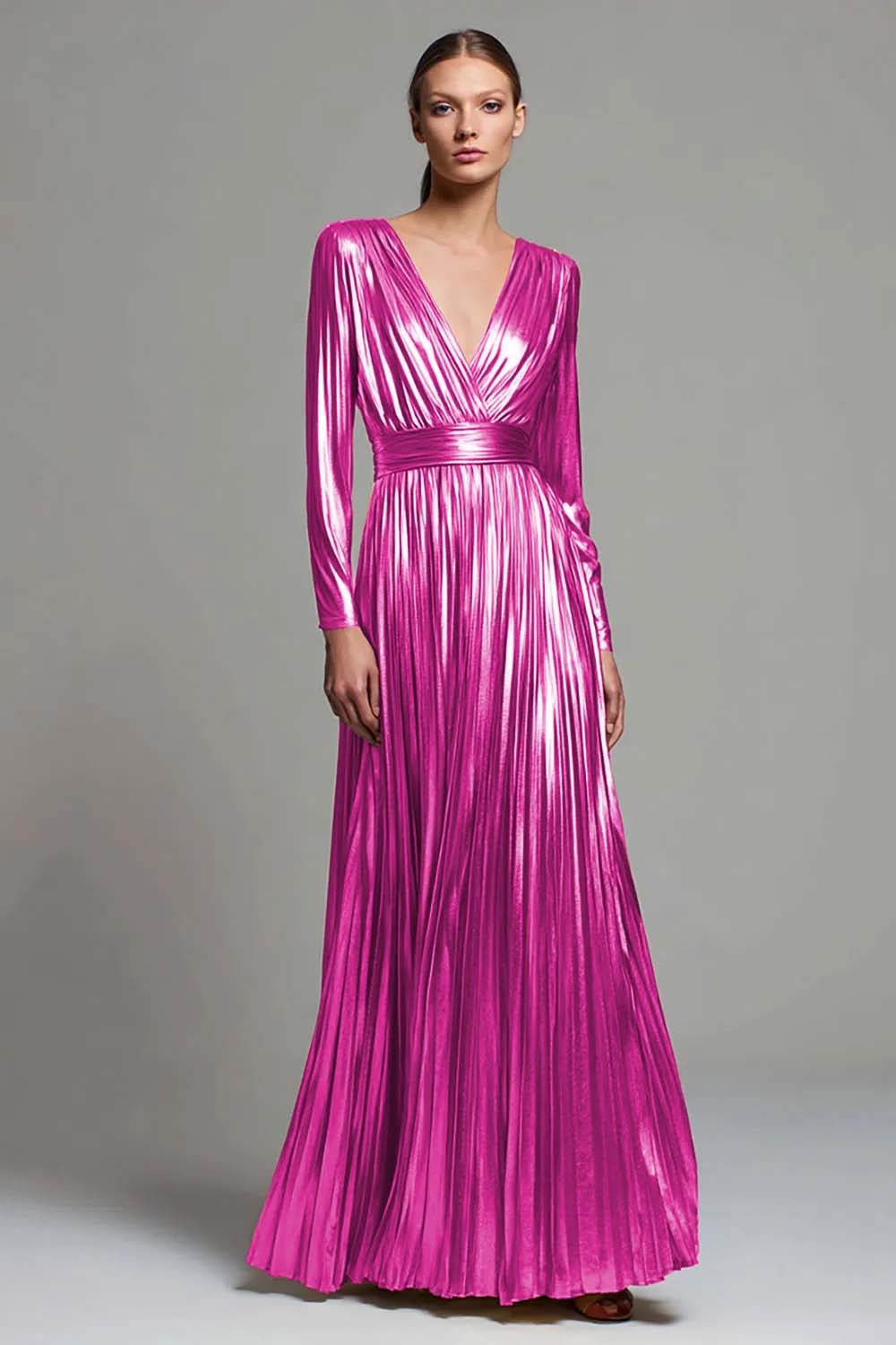 Zapakasa Women Sparkly Gold Metallic Long Sleeves Formal Dress Pleated V-Neck A-Line Gala Dress Zapakasa Women Sparkly Gold Metallic Long Sleeves Formal Dress Pleated V-Neck A-Line Gala Dress