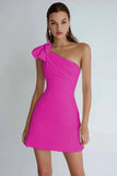 Ivory Satin One Shoulder Short A Line Graduation Dress with Bow