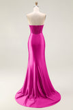 Sparkly Blush Mermaid Strapless Satin Long Prom Dress with Slit