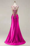 Sparkly Black Beaded Floral Satin Appliqued Long Corset Prom Dress with Slit