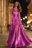 Sparkly Gold Metallic Ruched V-Neck A-Line Long Formal Dress with Slit