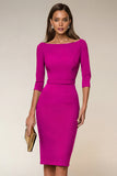 Navy Pencil Boat Neck Midi Work Dress with Sleeves