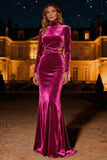 Purple Velvet Mermaid High Neck Long Sleeves Holiday Party Dress
