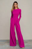 Black Round Neck Satin Long Sleeves Formal Jumpsuits