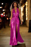 Sparkly Gold Halter Metallic Ruched Long Formal Dress with Slit