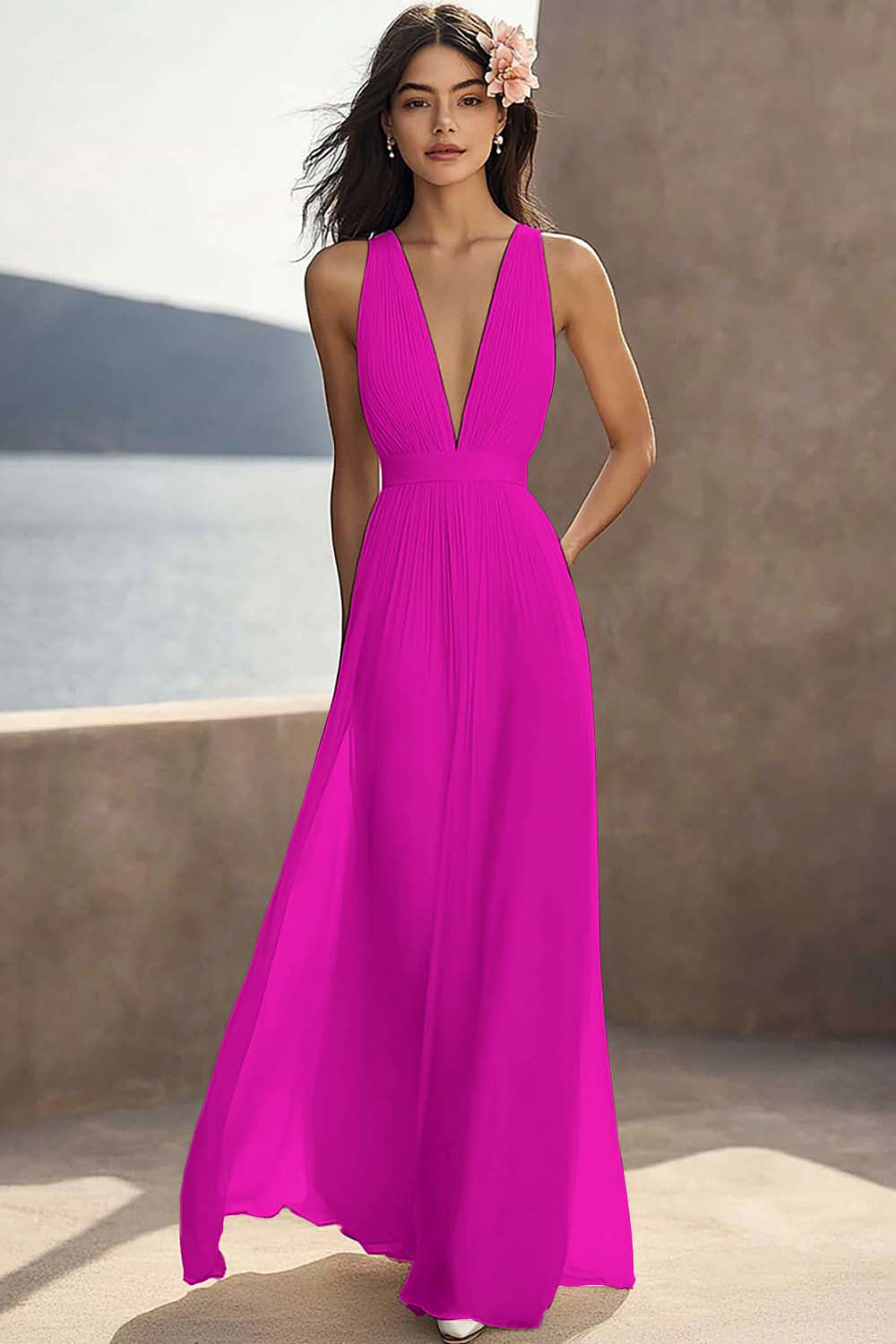 Chiffon Ivory Ruched Deep V-Neck Beach Maxi Engagement Dress