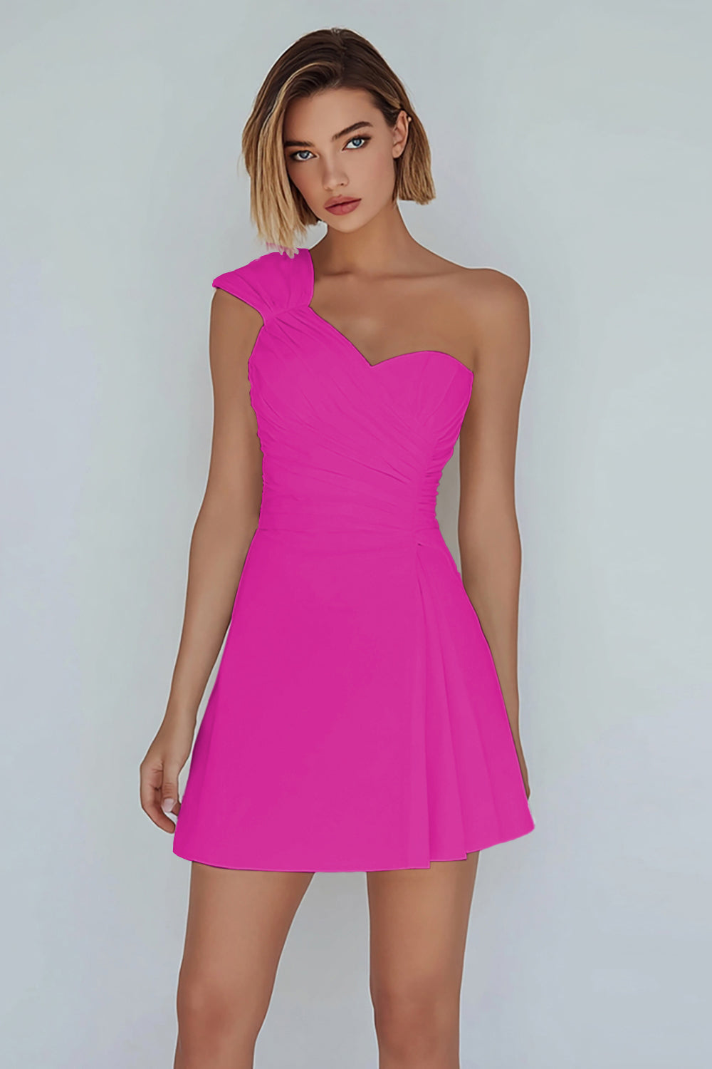 Ivory One Shoulder Satin Ruched Short A-Line Graduation Dress
