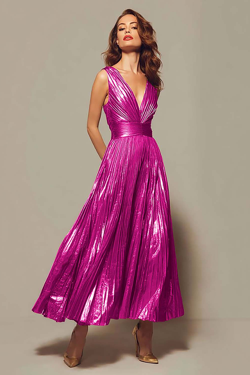 Sparkly Gold Metallic Pleated V-Neck A-Line Long Formal Dress