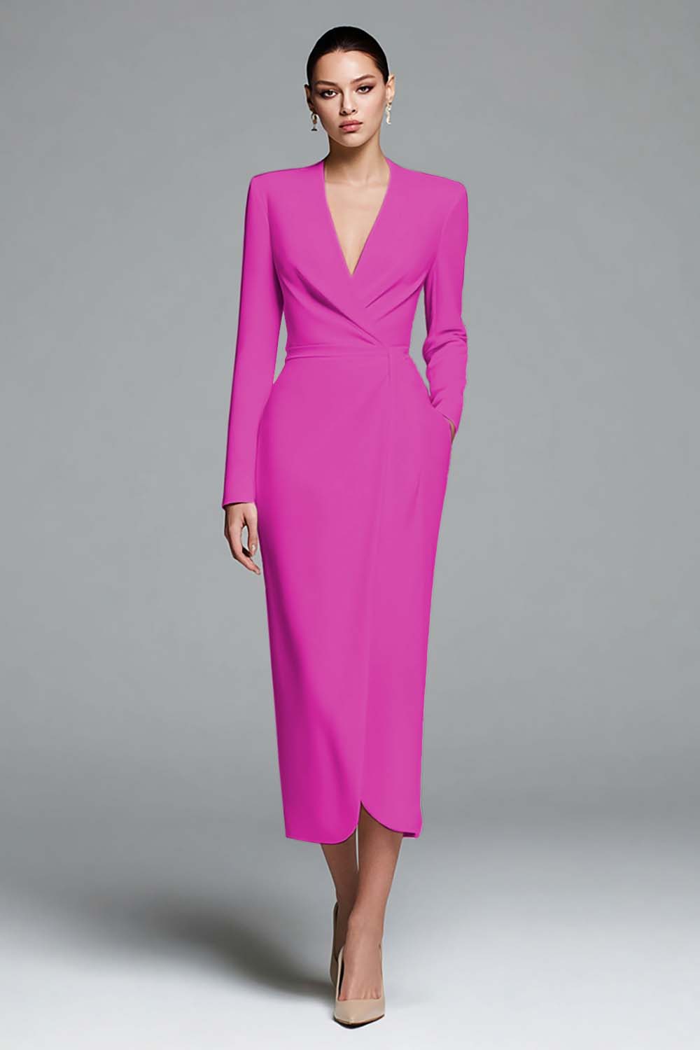 Ivory Satin V-Neck Sheath Long Sleeves Work Dress