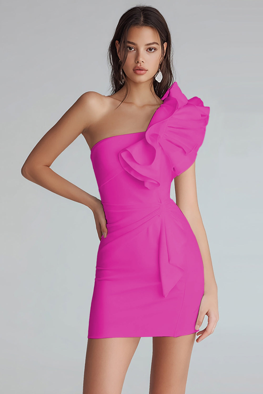 Ivory Satin One Shoulder Short Tight Graduation Dress with Ruffles