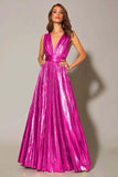 Sparkly Gold Metallic Pleated A-Line V-Neck Long Formal Dress