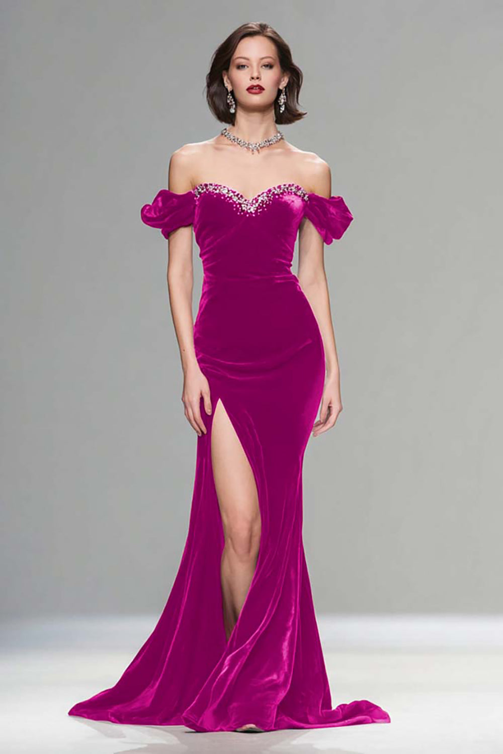 Sparkly Burgundy Velvet Mermaid Long Holiday Party Dress with Beading