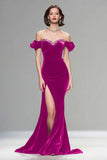 Sparkly Burgundy Velvet Mermaid Long Holiday Party Dress with Beading