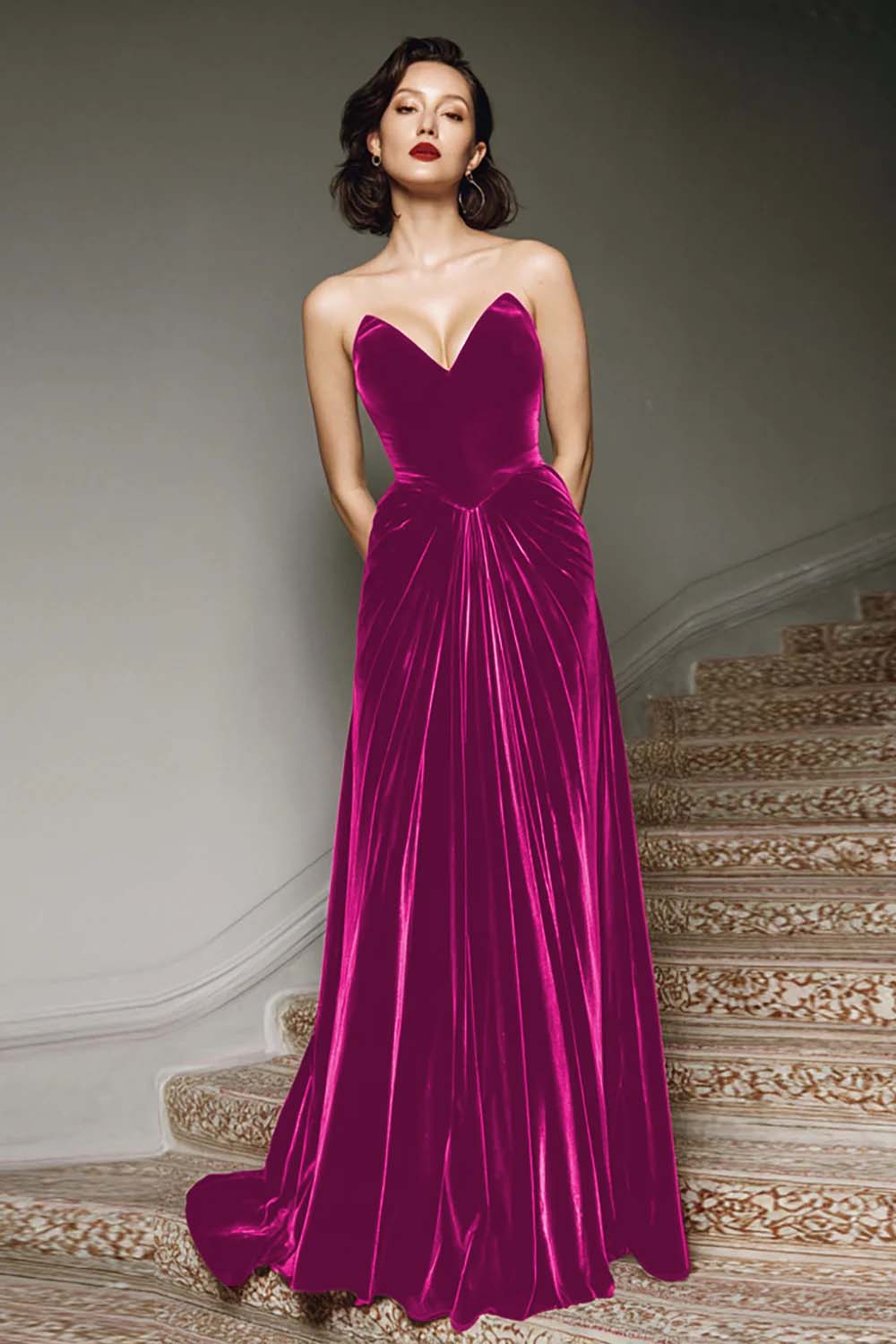 Zapaka Women Burgundy A Line Velvet Formal Dress Sweetheart Long Evening Dress, Fuchsia / US26W