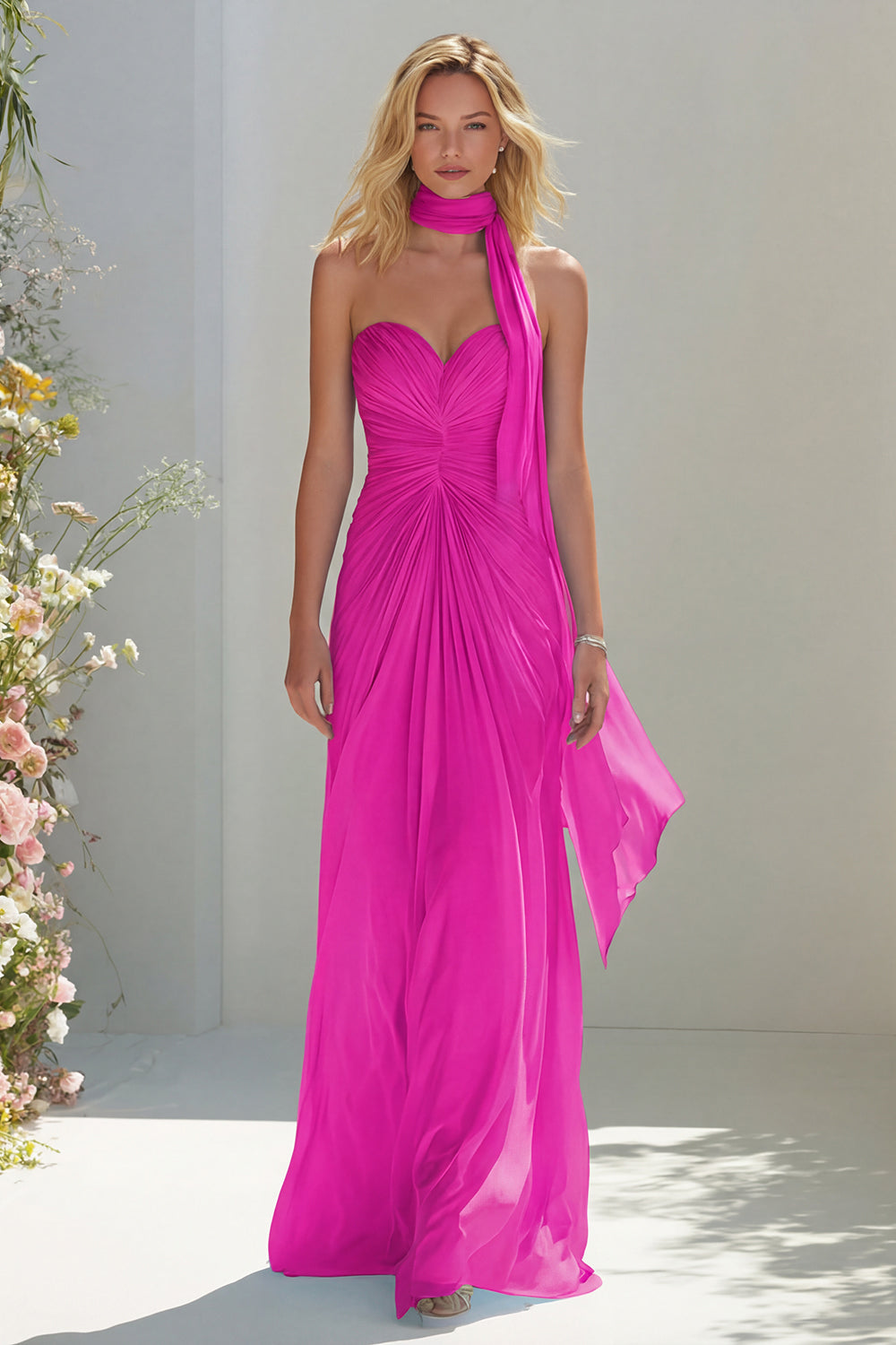 Sky Blue A Line Sweetheart Ruched Neck Scarf Long Prom Dress