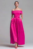 Fuchsia and Red Long A Line Off the Shoulder Patchwork Formal Dress