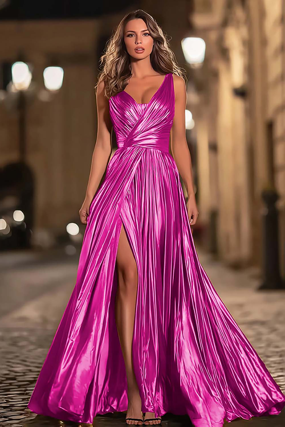 Zapakasa Women Sparkly Gold Metallic Long Formal Dress V-Neck A-Line Pleated Evening Dress with Slit Zapakasa Women Sparkly Gold Metallic Long Formal Dress V-Neck A-Line Pleated Evening Dress with Slit